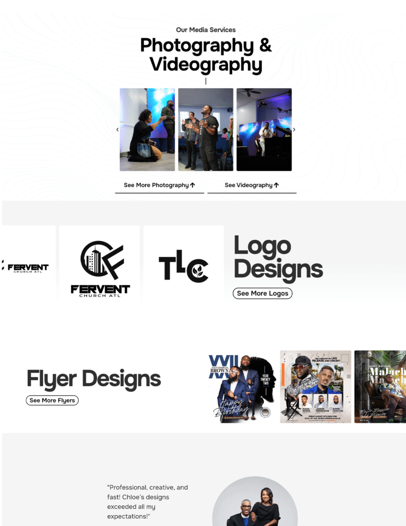 A digital gallery showcasing Chloe Darby Designs’ work in logo creation, flyer design, and large-scale conference branding.